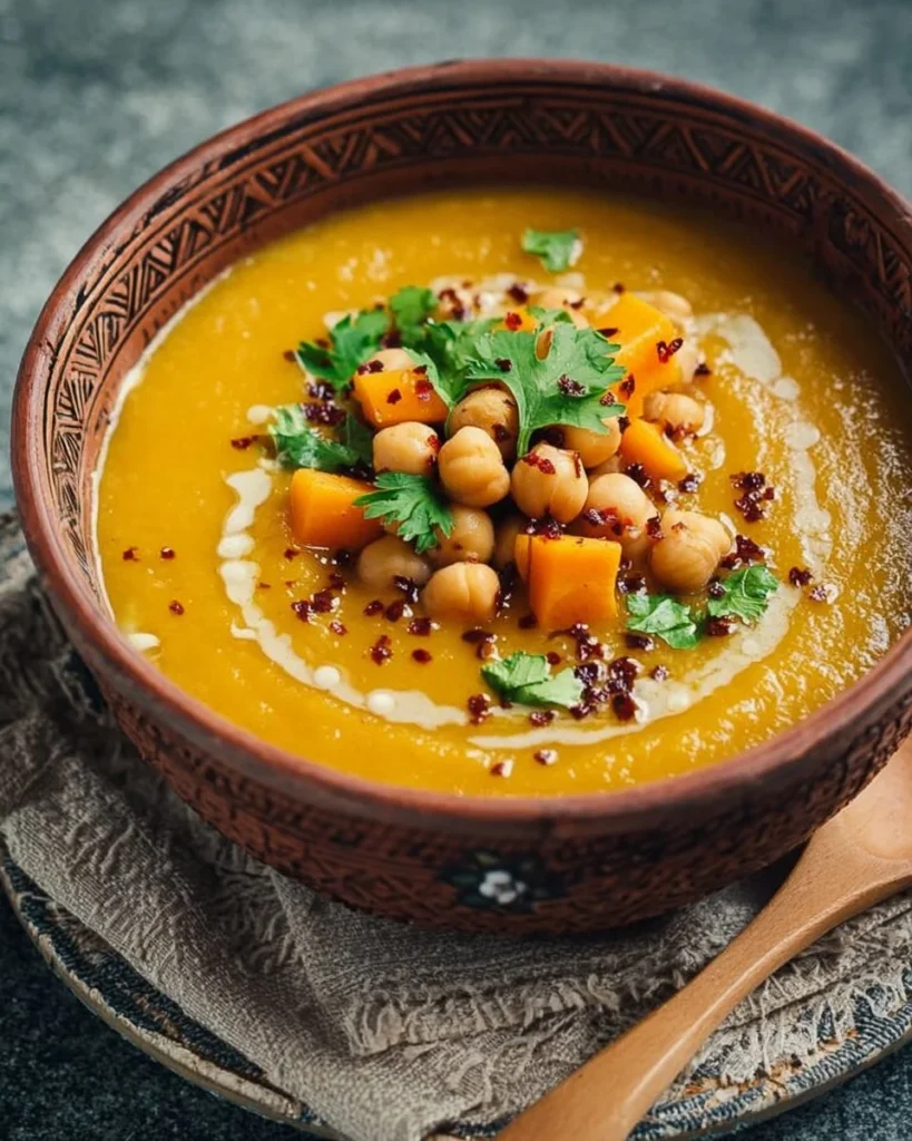 Bowl of Moroccan sweet potato soup with chickpeas garnished with herbs