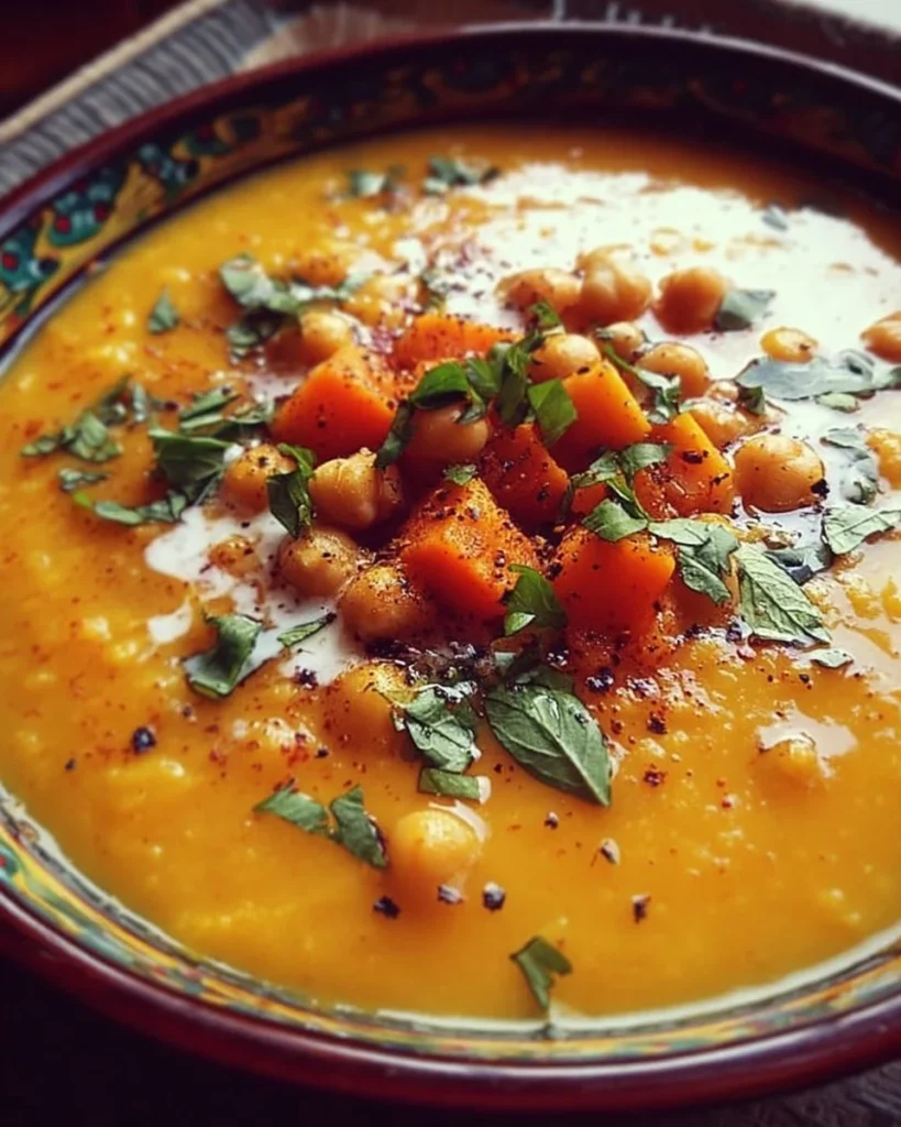 Bowl of Moroccan sweet potato soup with chickpeas topped with fresh herbs.