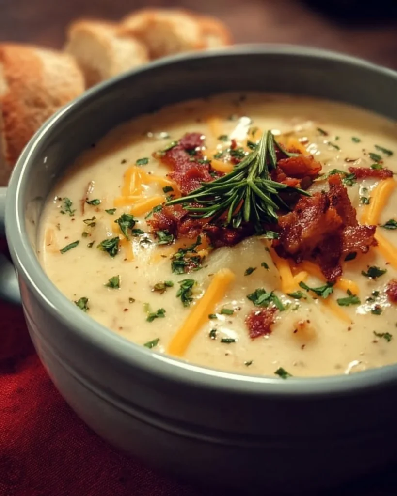 Delicious and creamy Outback Potato Soup served in a bowl