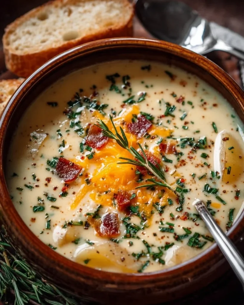 Creamy Outback potato soup served in a bowl with fresh herbs.