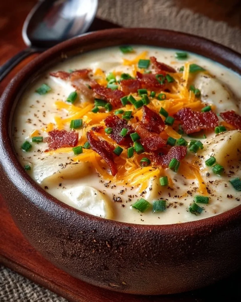 Bowl of creamy Loaded Baked Potato Soup inspired by Outback Steakhouse