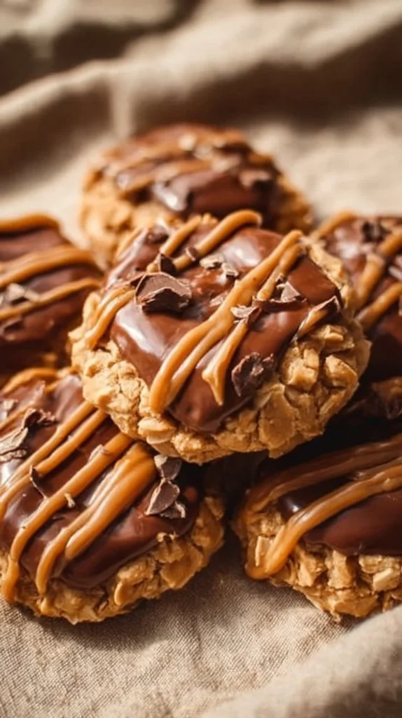 Delicious peanut butter chocolate caramel cookies stacked on a plate