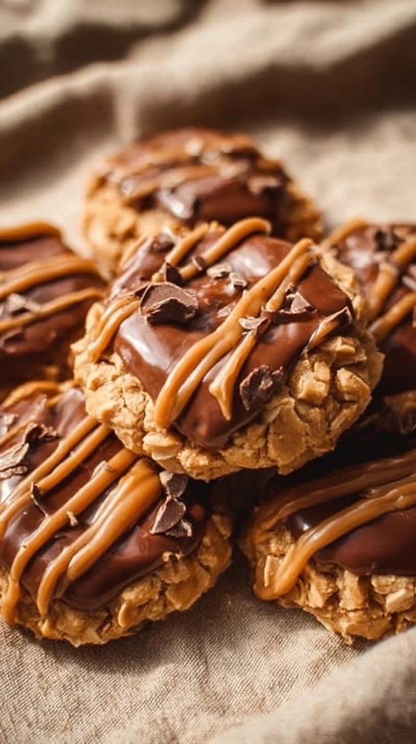 Peanut Butter Chocolate Caramel Cookies 1 Delicious peanut butter chocolate caramel cookies stacked on a plate