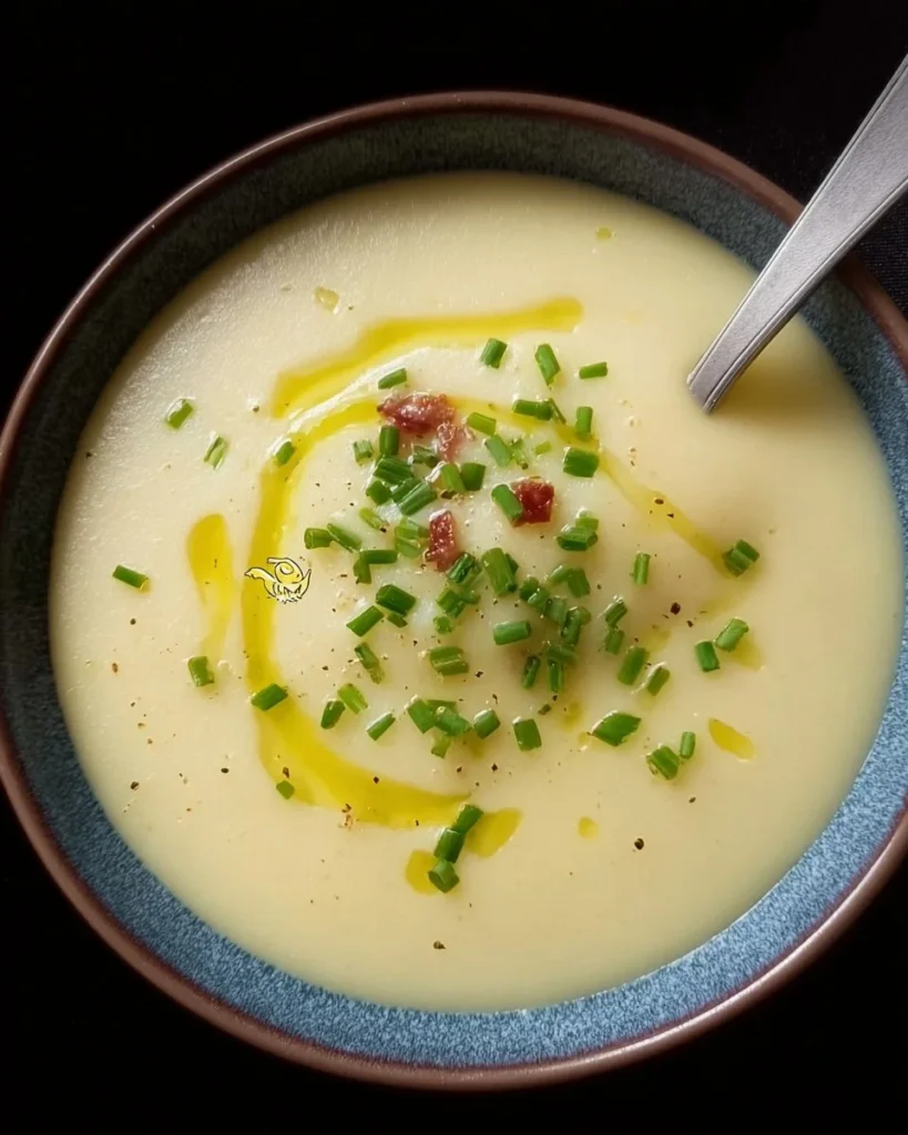 Delicious bowl of homemade Potato Leek Soup topped with fresh herbs
