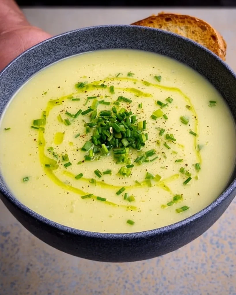 Creamy potato leek soup garnished with fresh herbs in a bowl.