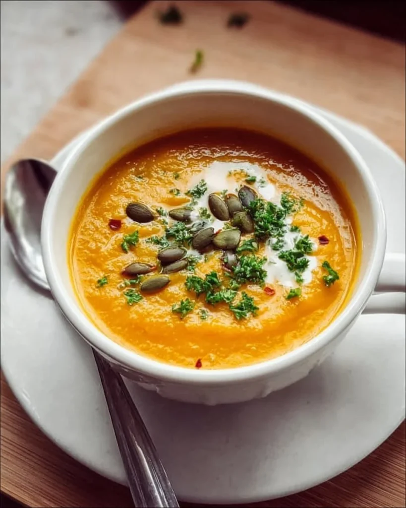 Bowl of pumpkin and sweet potato soup topped with herbs and spices.