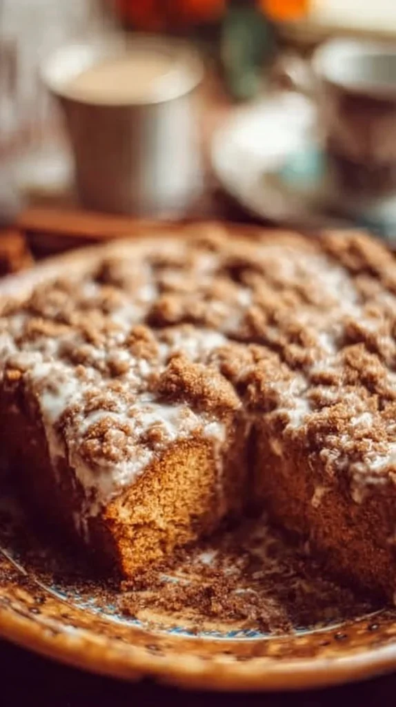 Delicious homemade Pumpkin Coffee Cake topped with icing in a cozy kitchen setting