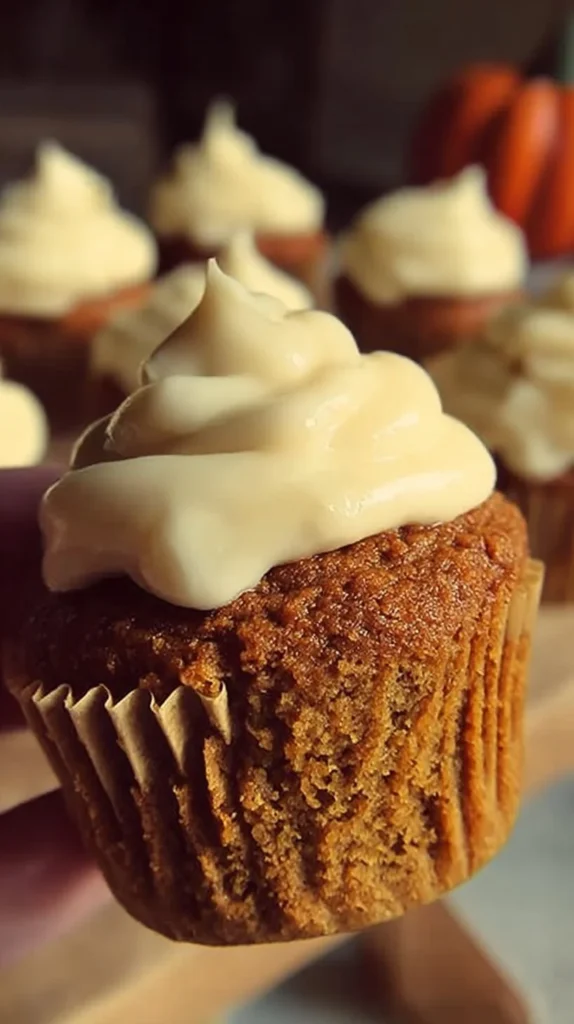 Delicious pumpkin cupcakes topped with creamy frosting and spices.