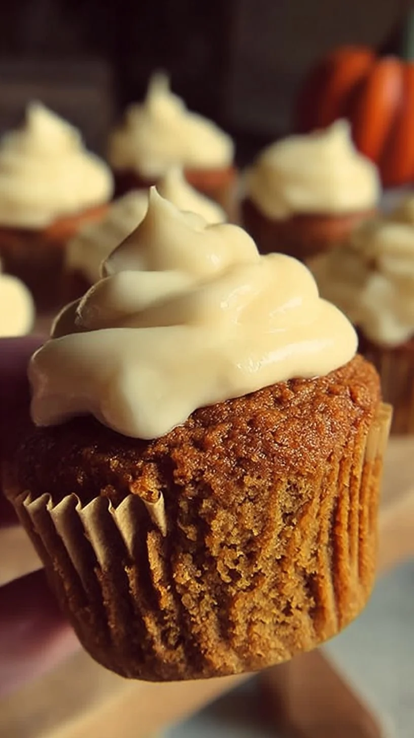 Delicious pumpkin cupcakes topped with creamy frosting and spices.