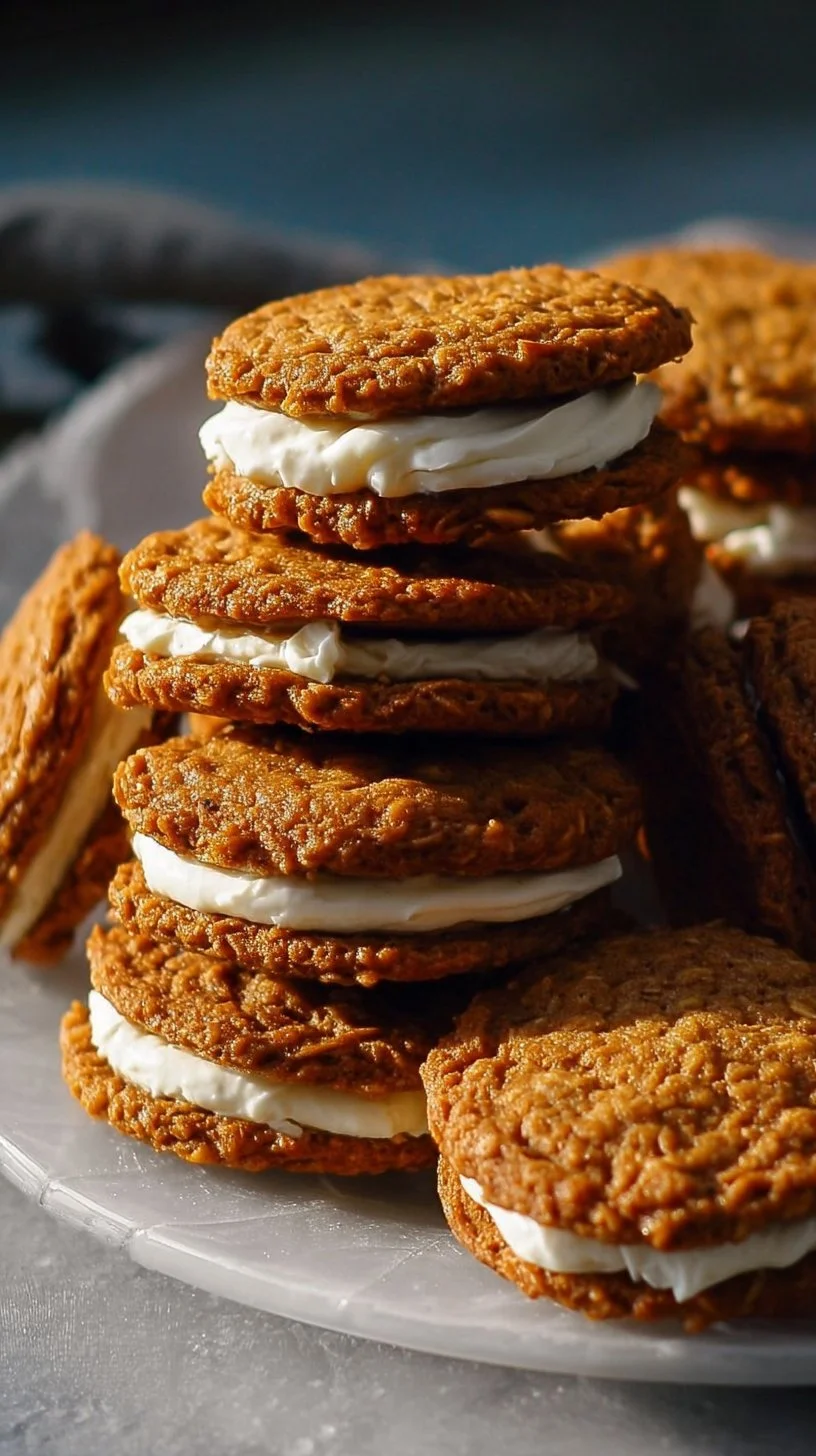 Pumpkin Oatmeal Cream Pies 1 Pumpkin Oatmeal Cream Pies with creamy pumpkin spice filling between oatmeal cookies