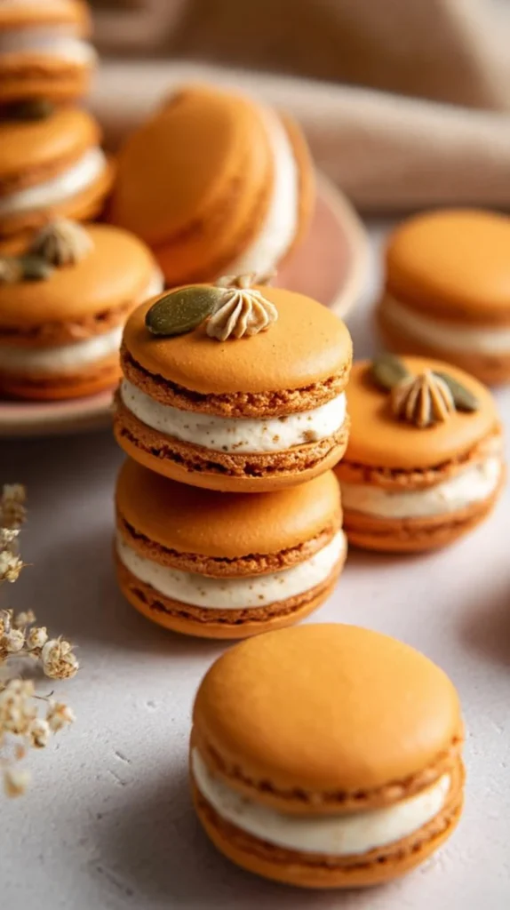 A plate of delicious Pumpkin Pie Macarons garnished with fall spices.