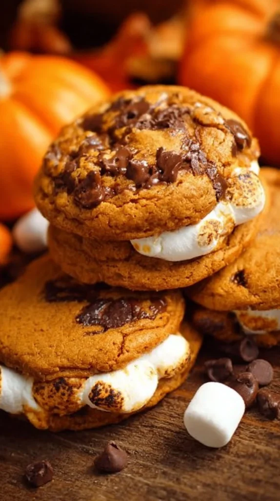 Plate of pumpkin s'mores cookies with chocolate and marshmallows