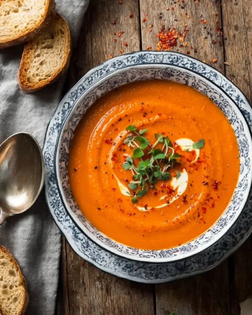 Bowl of roasted sweet potato and red pepper soup garnished with herbs