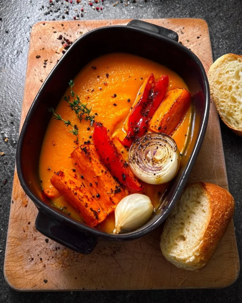 Bowl of creamy roasted sweet potato soup garnished with herbs