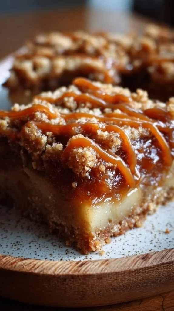 Delicious salted caramel apple crumble bars on a wooden table, perfect fall treat.