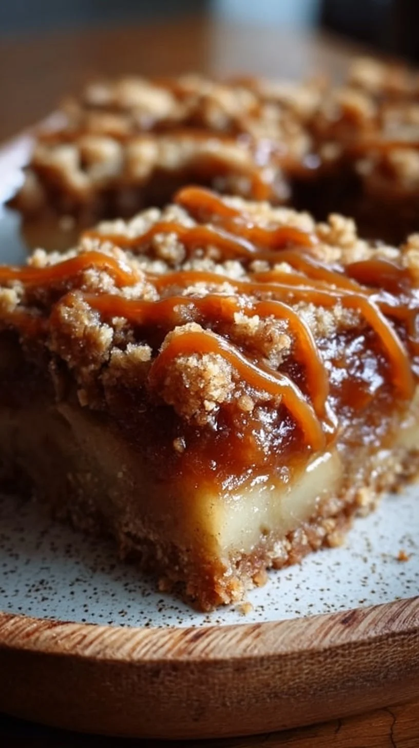 Salted Caramel Apple Crumble Bars Fall Treat: Get Addicted in 45 Min 1 Delicious salted caramel apple crumble bars on a wooden table, perfect fall treat.