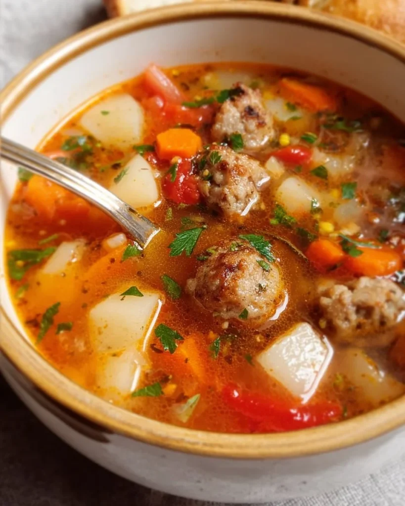 Bowl of Sausage Vegetable Soup with fresh veggies and sausage