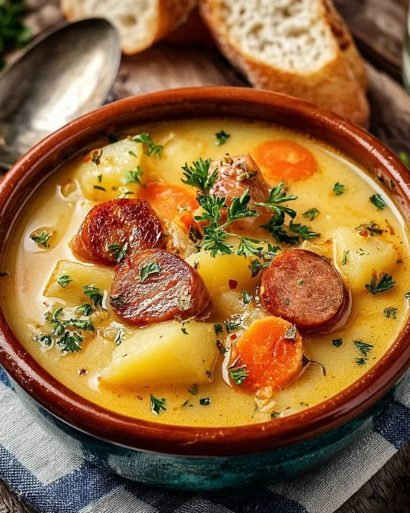 Slow Cooker German Potato Soup with Sausages served in a bowl