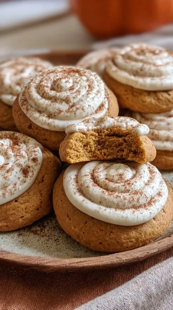 Soft pumpkin cookies with cinnamon frosting on a plate