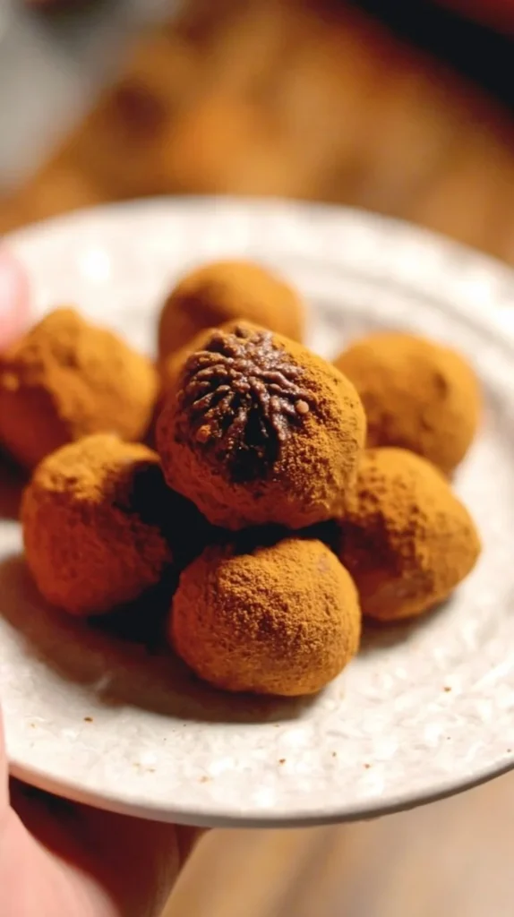 Delicious spiced pumpkin truffles decorated with cocoa powder.