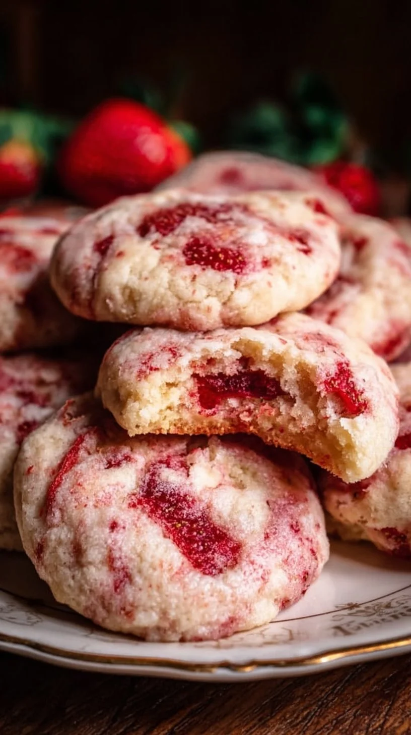 Strawberry Cheesecake Cookies 1 Delicious strawberry cheesecake cookies topped with fresh strawberries