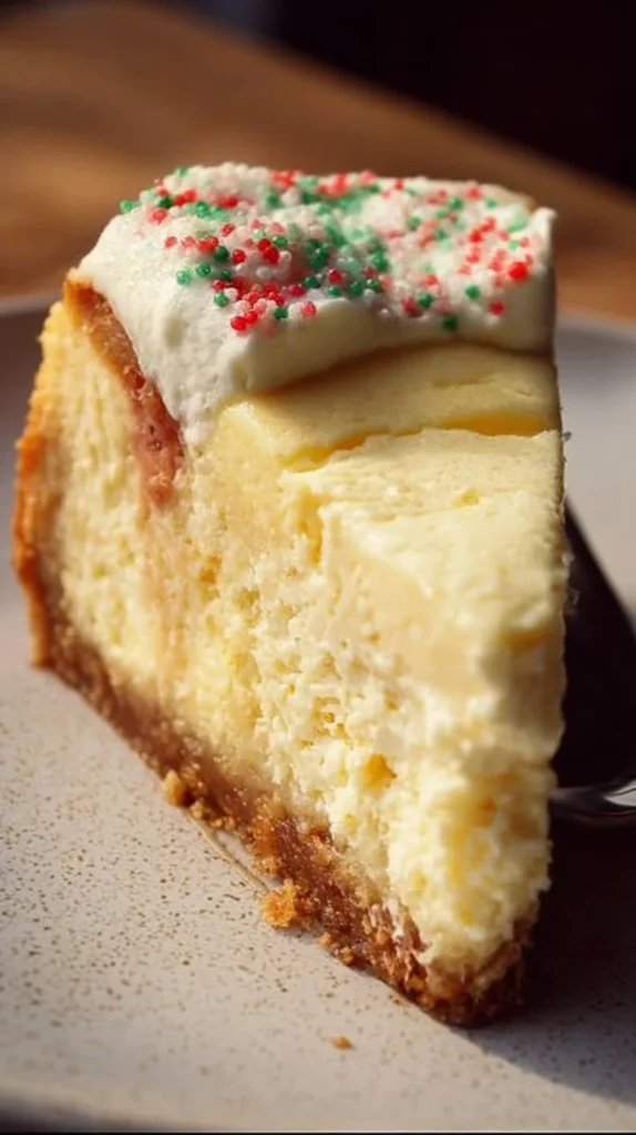 Delicious Sugar Cookie Cheesecake topped with sugar cookies and cream