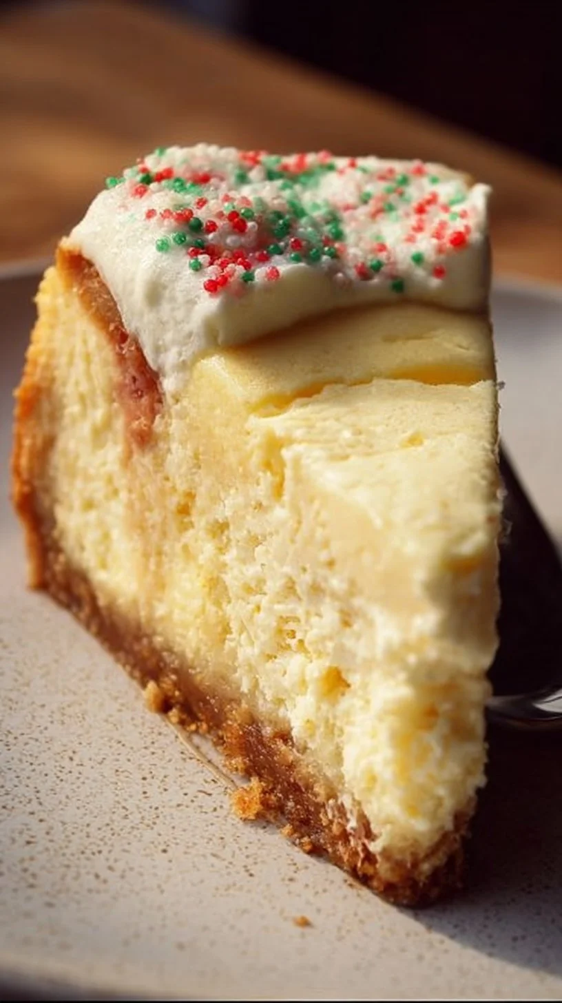 Delicious Sugar Cookie Cheesecake topped with sugar cookies and cream
