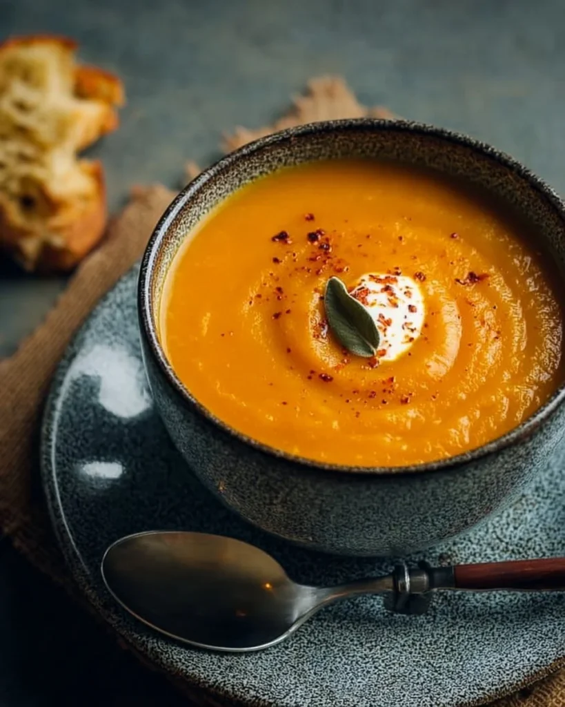 Bowl of sweet potato and apple soup garnished with herbs
