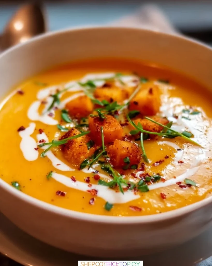 Delicious bowl of sweet potato and apple soup topped with herbs