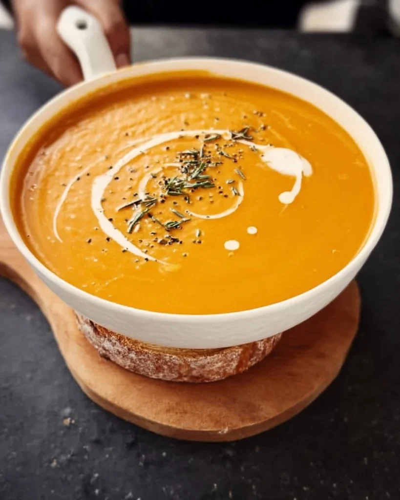 Bowl of creamy sweet potato soup topped with herbs and spices