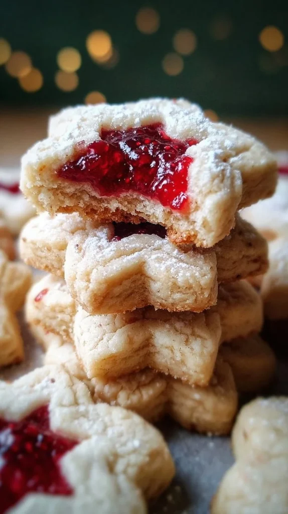 Tasty Christmas cookies filled with raspberry jam on a festive plate