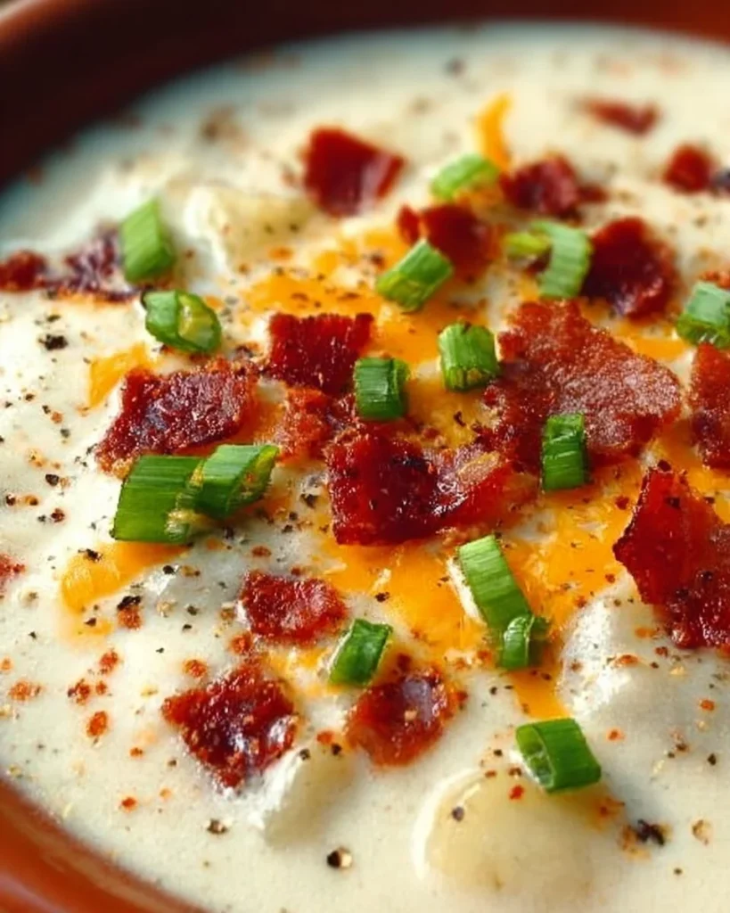 Bowl of creamy loaded potato soup topped with cheese, bacon, and green onions.