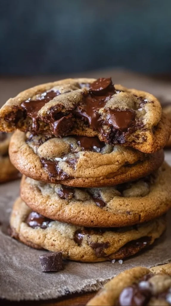 Ultra thick bakery style chocolate chip cookies with crispy edges and gooey centers.