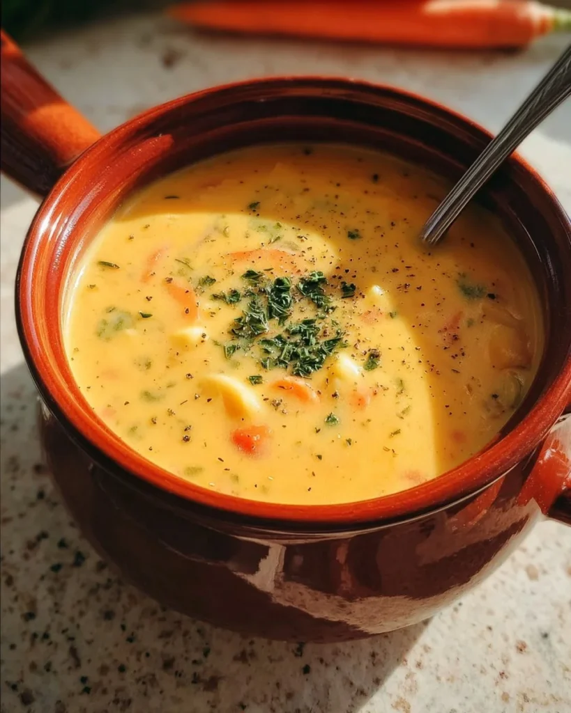 Creamy vegan carrot potato soup garnished with fresh herbs