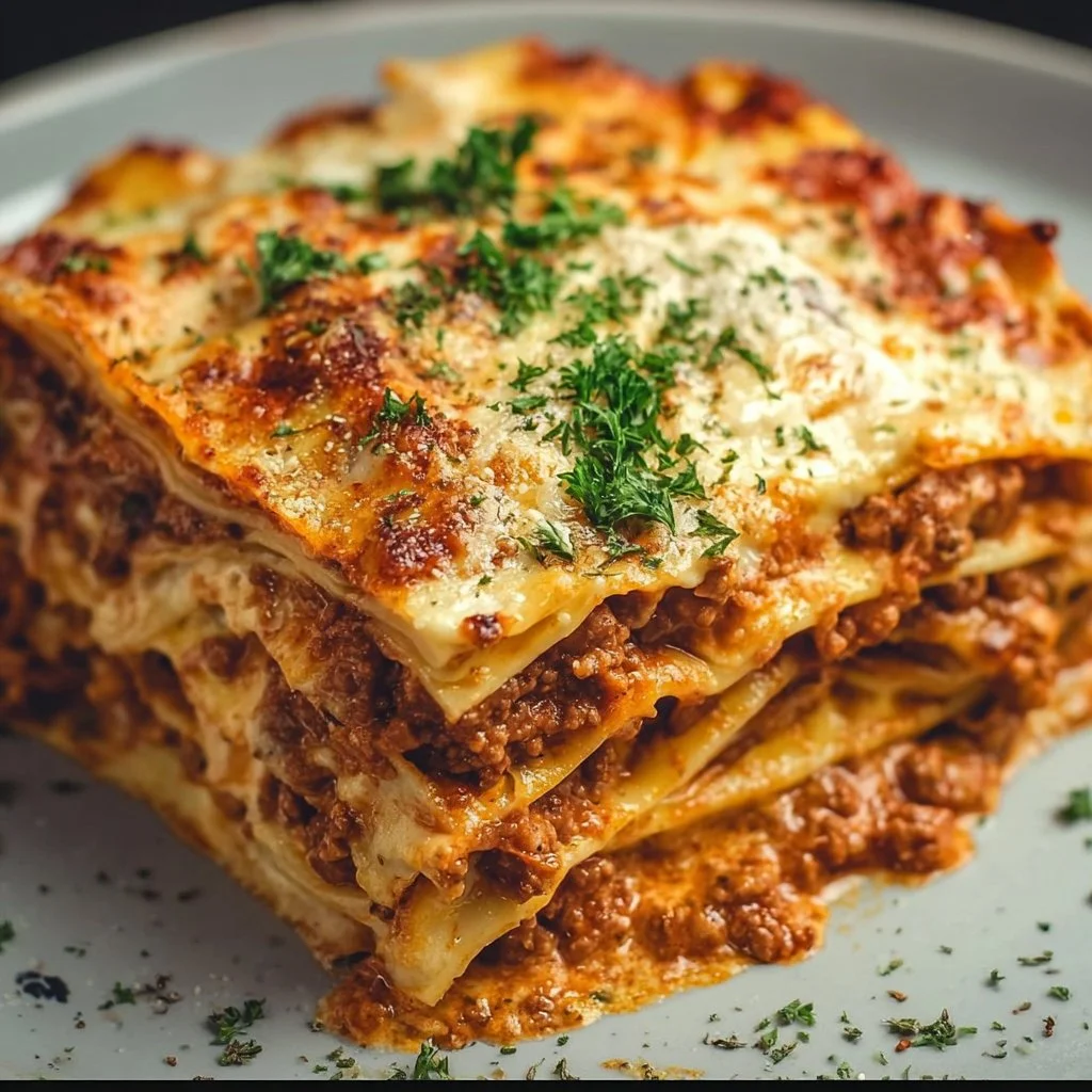 Delicious and authentic Lasagna Bolognese with layers of pasta, meat, and sauce