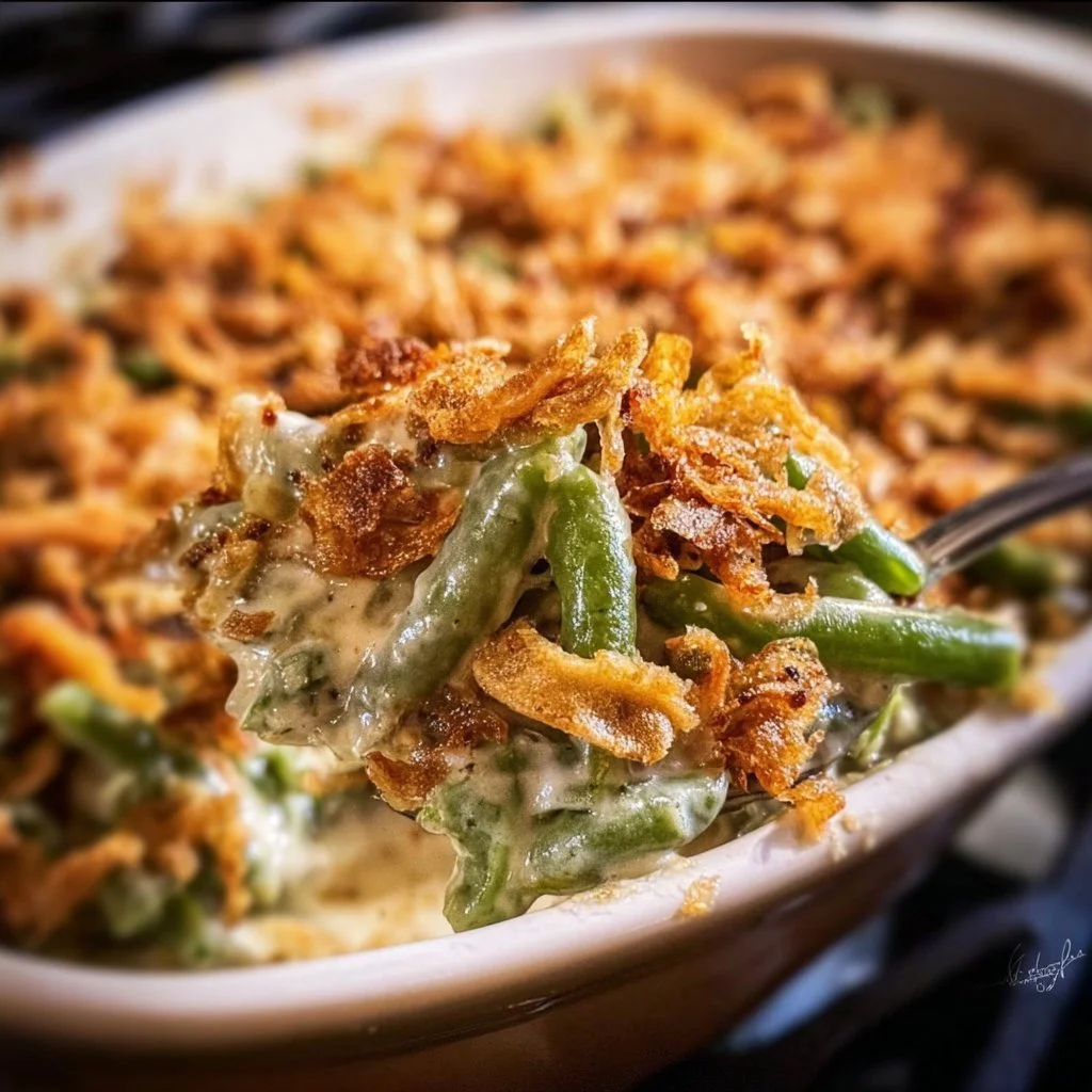 Campbell's Green Bean Casserole topped with crispy onions in a baking dish
