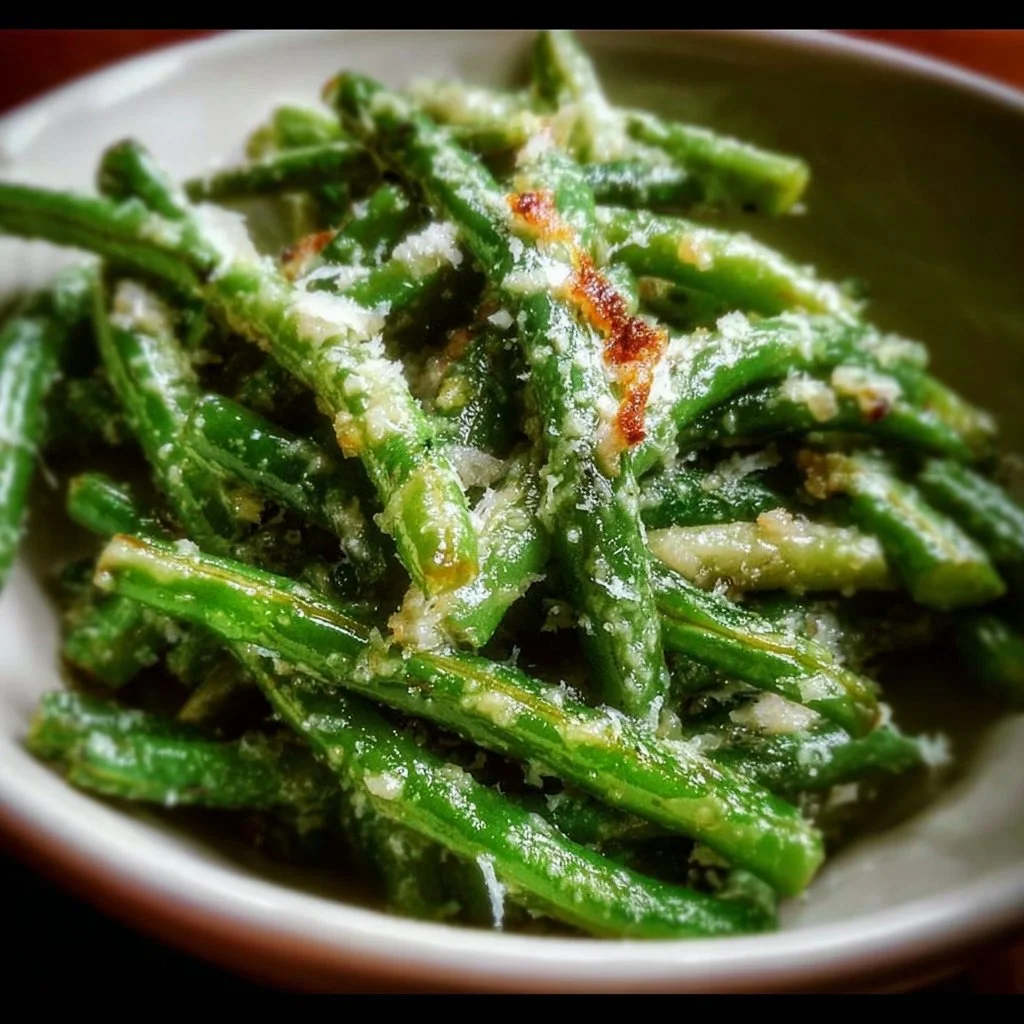 Cheesy garlic green beans topped with cheese and herbs in a serving bowl