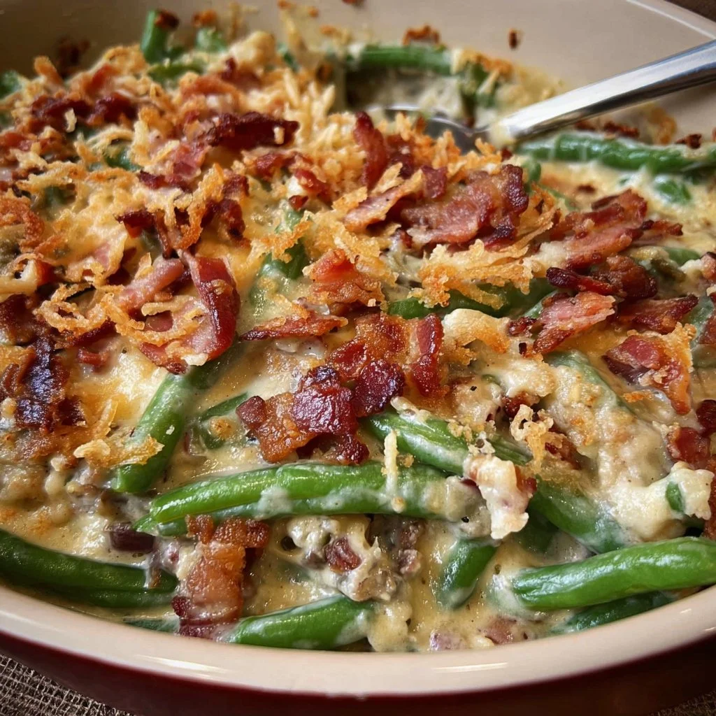 Cream Cheese and Bacon Green Bean Casserole in a baking dish