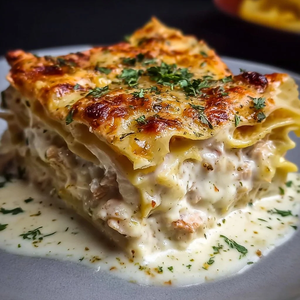 Creamy chicken lasagna with white sauce served on a plate