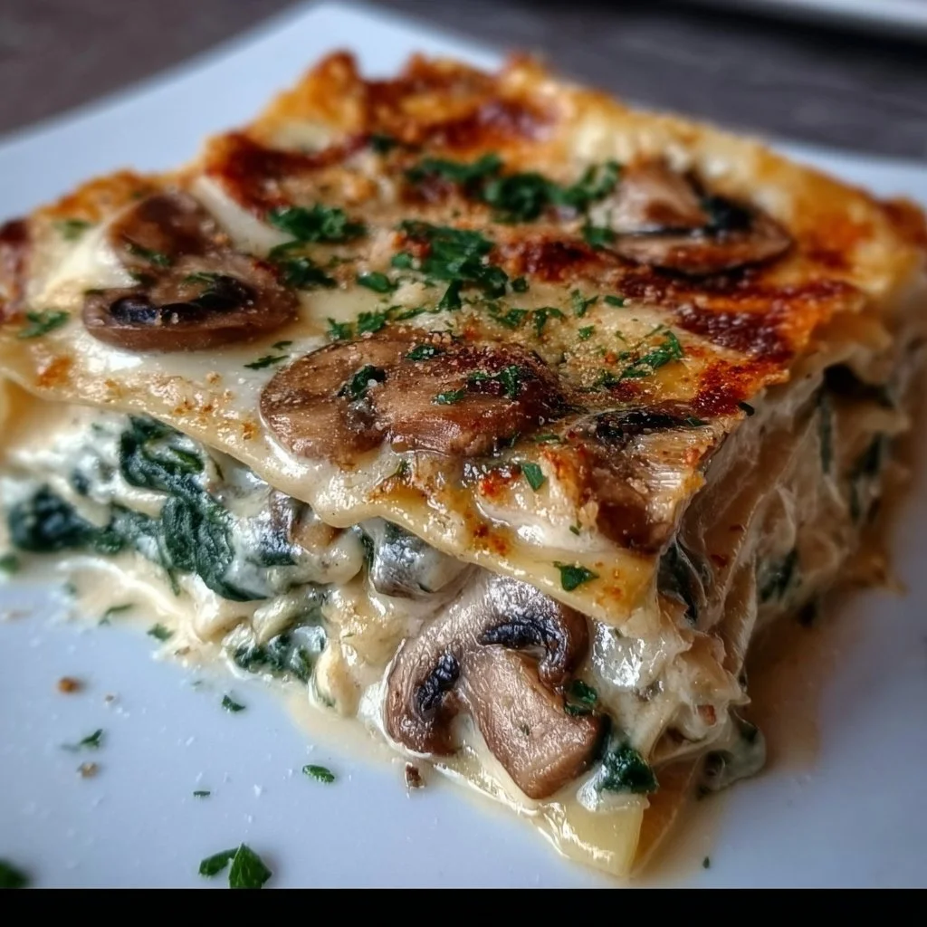 Creamy spinach and mushroom lasagna fresh out of the oven
