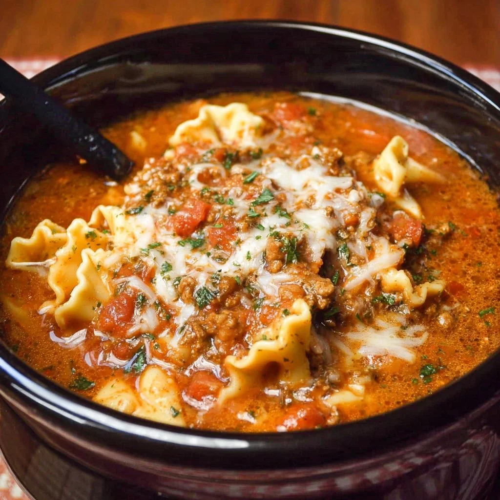 Delicious crockpot lasagna soup in a bowl with melted cheese and herbs