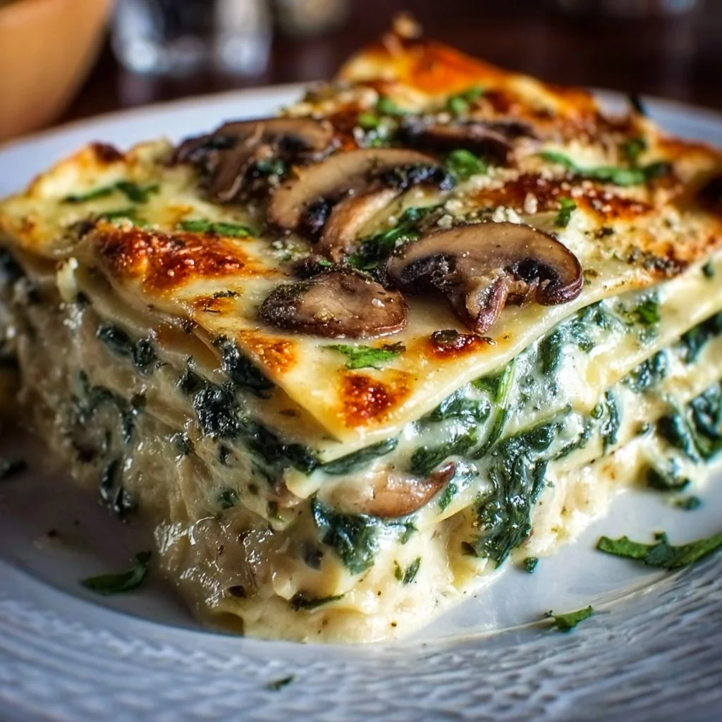 Creamy spinach mushroom lasagna with layers of cheese and fresh ingredients