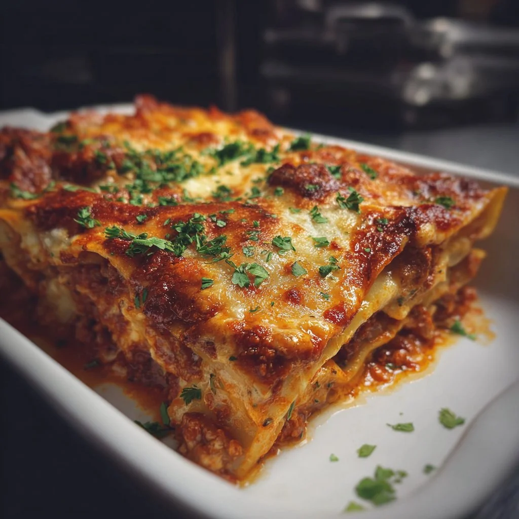 Delicious homemade lasagna layered with cheese and rich sauce