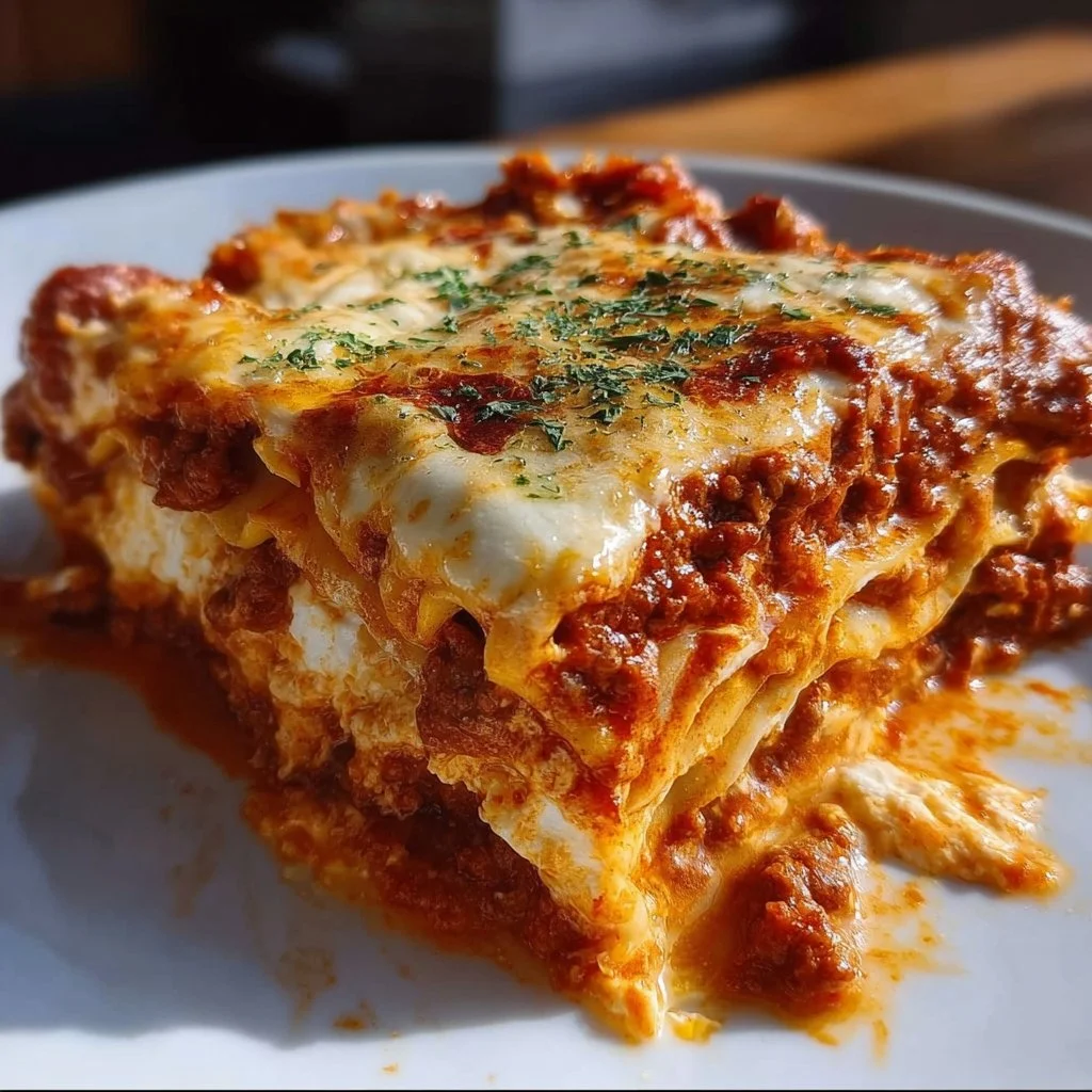 Easy lasagna with cottage cheese topped with fresh basil and rich tomato sauce