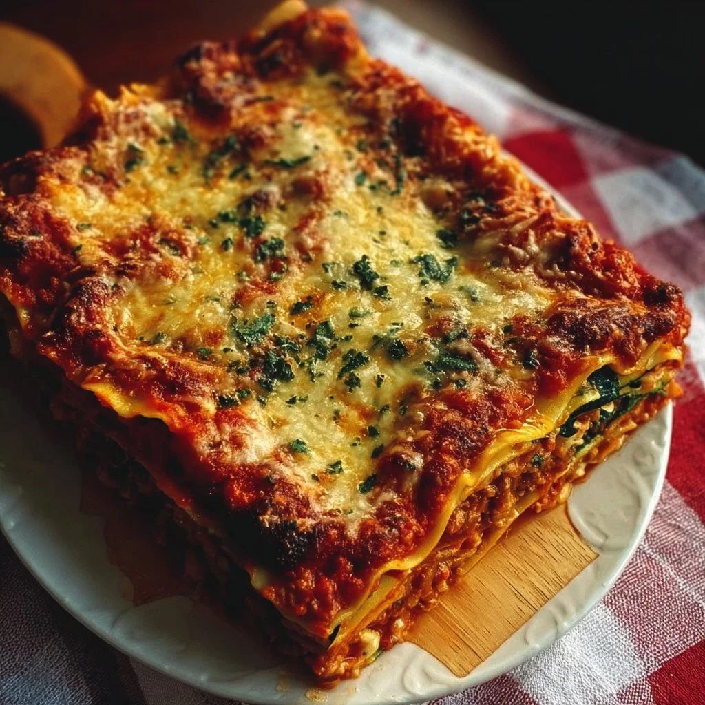 Hearty baked Italian vegetable lasagna loaded with fresh vegetables and cheese