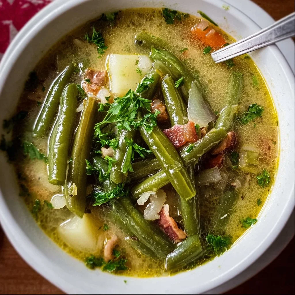 Bowl of German Green Bean Soup garnished with fresh herbs