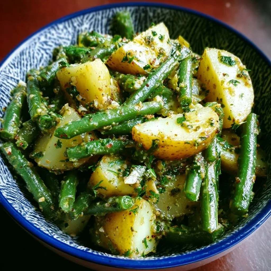 Green Bean and Potato Salad with Mustard Dressing served in a bowl
