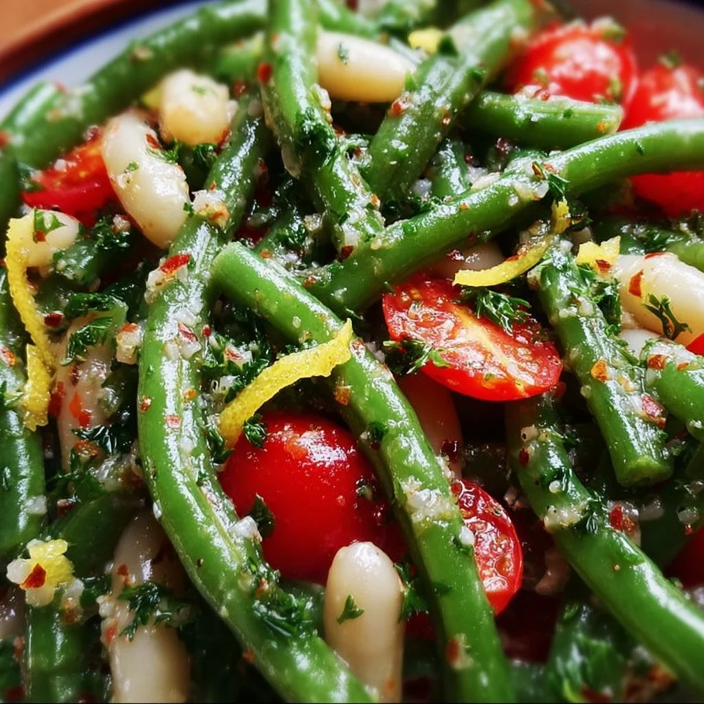 Fresh green bean salad with cherry tomatoes and dressing