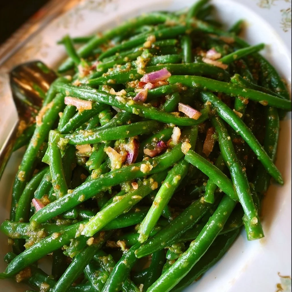 Green Bean Salad with Mustard Vinaigrette 1 Green Bean Salad topped with mustard vinaigrette dressing
