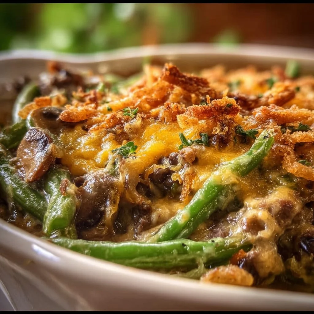 Delicious Hamburger Green Bean Casserole with Mushrooms served in a dish